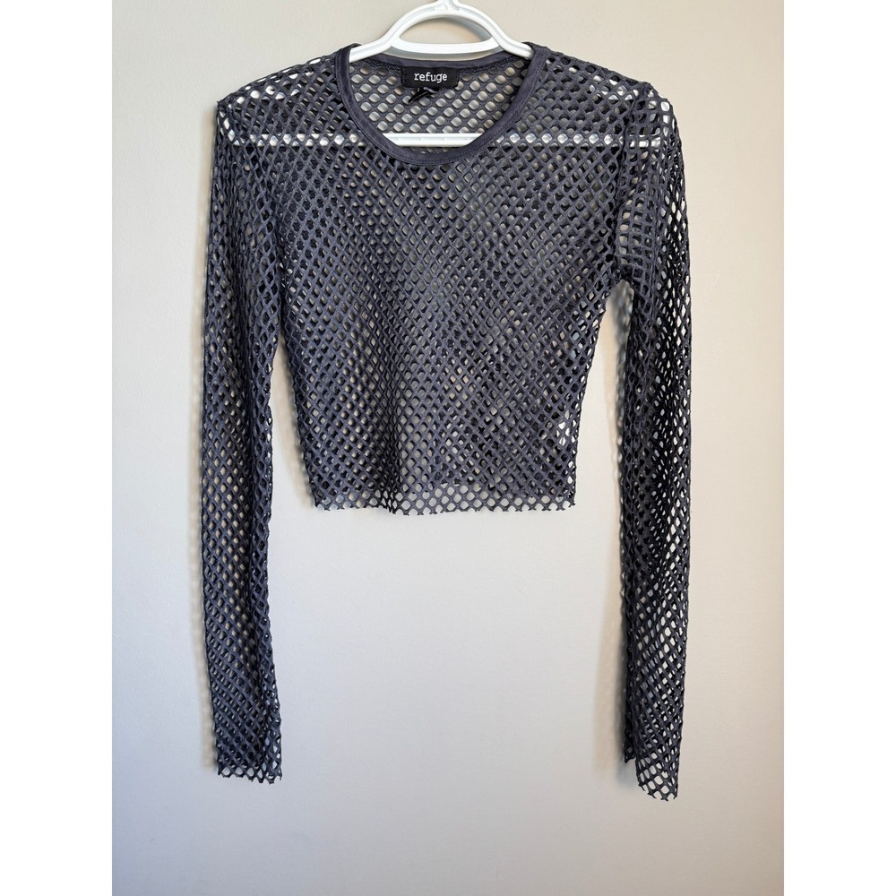 Refuge‎ Fishnet Mesh Long Sleeve Crop Top Charcoal Youth Medium Grunge Goth Emo